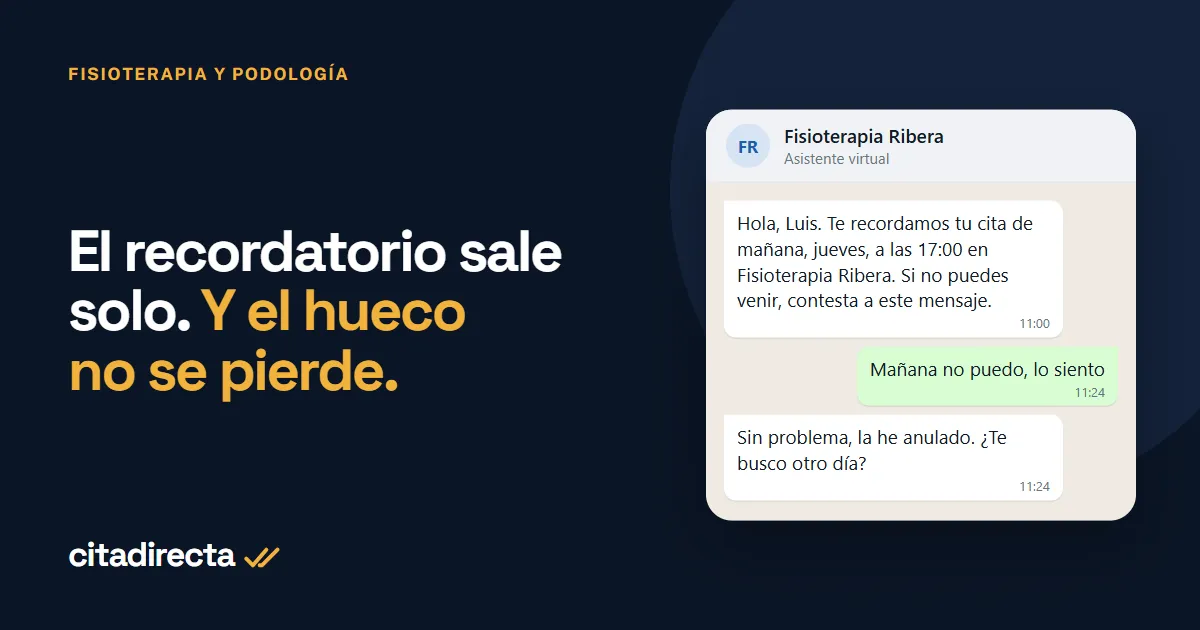 Recordatorio de cita por WhatsApp de una clínica de fisioterapia; el paciente contesta que no puede ir y el asistente anula la cita