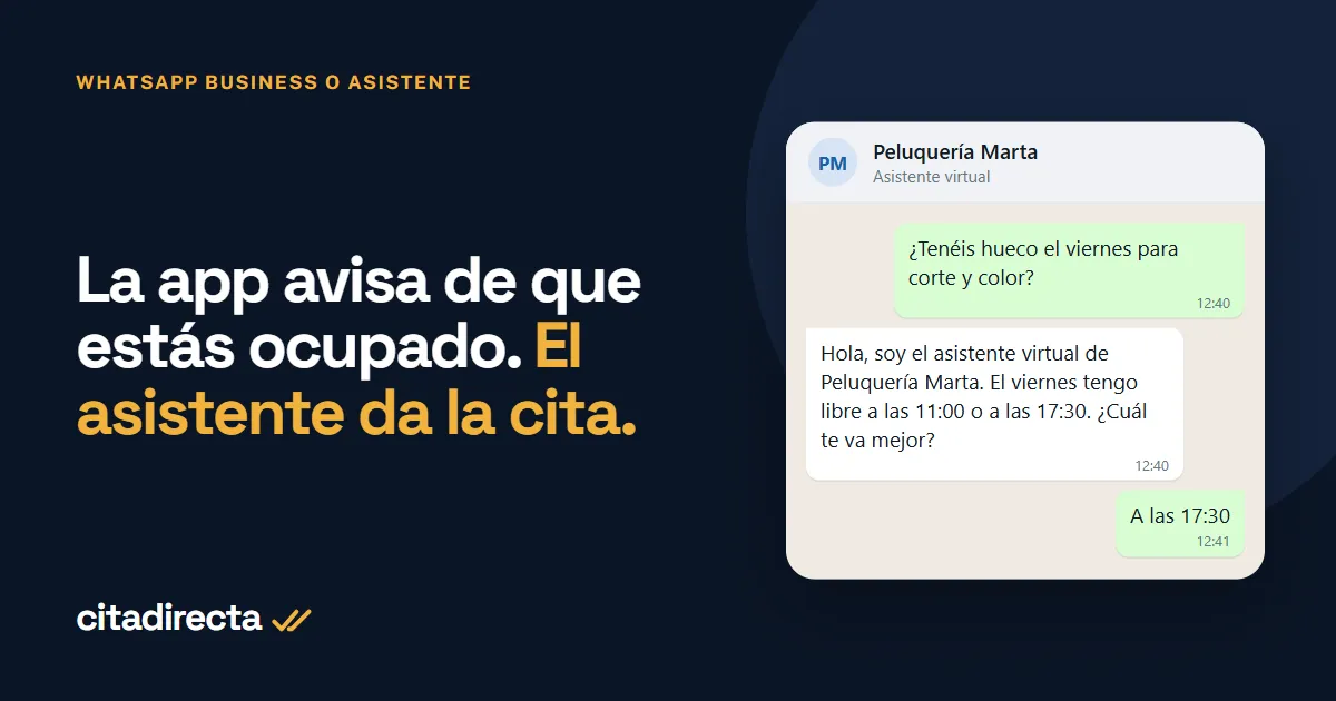 Conversación de WhatsApp en la que el asistente de una peluquería ofrece dos horas libres para el viernes