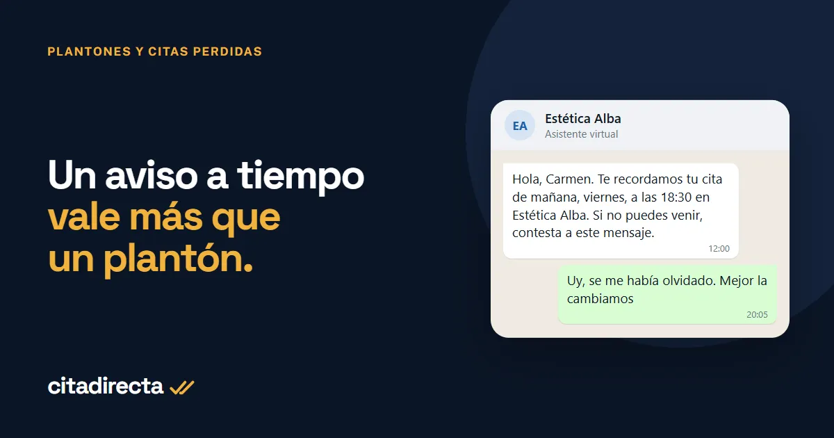 Recordatorio de cita por WhatsApp de un centro de estética; la clienta contesta que se le había olvidado y quiere cambiarla